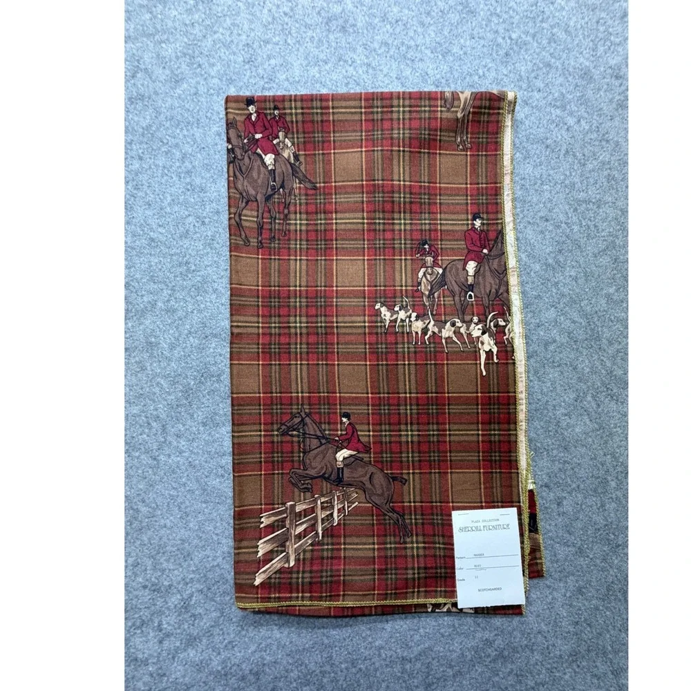 Vintage Sherrill Furniture Madder Rust Equestrian Fox Hunt Plaid Fabric Sample